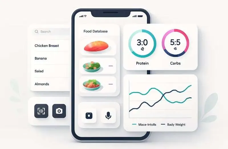 Nutrition dashboard showing daily nutrient overview with protein, fiber, and carbohydrate tracking bars alongside weekly summary chart